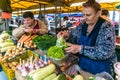 Women sell on the market ripe vegetables, onions, peppers, cucumber, greens