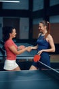 Women shake hands before table tennis match Royalty Free Stock Photo