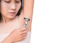 Women Shaving Armpits Underarm Girl Depilate with Shave Razor for Deodorant and Clean Beautiful,Person Show Arm Hand Isolated on Royalty Free Stock Photo