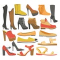 Women shoes or female footwear boots types vector flat isolated icons set