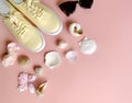 Women shoes , Relax Time Sneakers yellow shoe , sunglasses ,seashell and flowers on pink blue background ,clothes accessories s