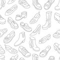 Women shoes seamless pattern background. Different types of shoes. Editable stroke size.