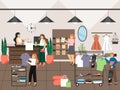 Women shopping and buying clothes in clothing shop or apparel boutique. Fashion dress concept vector illustration