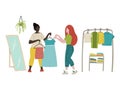 Women shopping in clothes store. Flat cartoon hand drawn characters. Garage sale, flea market, outlet store, clothes