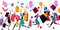 Women shopping frenzy vector graphics illustration.