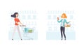 Women Shopping in Supermarket Set, People Buying Products in Grocery Store Flat Vector Illustration Royalty Free Stock Photo