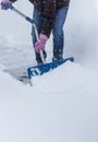 Women shoveling snow wearing fuzzy pink gloves during a storm Royalty Free Stock Photo