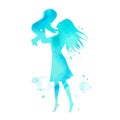 Women silhouette and little child with watercolor cyan texture