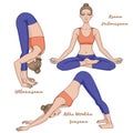 Women silhouette. Yoga lotus pose. Padmasana. Adho mukha svanasana. Downward dog. Uttanasana, forward fold.