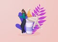 Women sit on a large cup and working. Concept coffee break, coffee shop, communication and work/education. 3d vector illustration