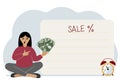 The women sits cross-legged and holds a lot of cash. Nearby is a poster with the text sale and a percent sign. Sale