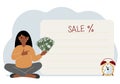 The women sits cross-legged and holds a lot of cash. Nearby is a poster with the text sale and a percent sign. Sale