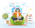 Women sitting on bean bag while holding computer tablet and using virtual reality headset vector illustration [Converted