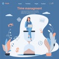 Women sitting on the hourglass with laptop legs crossed. Business concept of time management and procrastination. Royalty Free Stock Photo