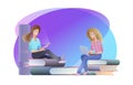 Women sitting on stack of books, holding digital gadgets. Vector.