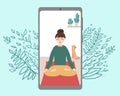 Women sitting in yoga pose on Phone display. vector stock illustration of online yoga. Woman doing yoga on screen. Flat