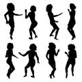 Women in skinny dress dancing black silhouettes. Set of moving disco curly girl shapes. Party abstract poses Royalty Free Stock Photo