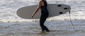 Women in a sleeveless wetsuit walking in the water carrying a white surfboard Royalty Free Stock Photo