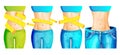 Women slim waist with measure tape around and in big jeans - weight loss concept icon, bright colors. slim body with