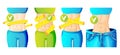 Women slim waist with measure tape around and in big jeans - weight loss concept icon, bright colors. slim body with Royalty Free Stock Photo