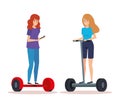 Women with smartphone riding electric scooter