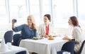 Women with smartphone taking selfie at restaurant