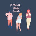Women with smartphones taking photo. Freehand drawing and text. Mirror selfie