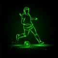 Women soccer player running with ball. Vector Football sport green neon illustration