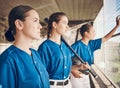 Women, softball and sports, team in dugout and watch game with fitness, mission and confidence at stadium. Athlete group