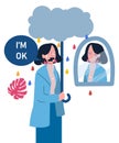 Women sorrow expression holding stick look in mirror cloud drops rain water color self support with flat cartoon style