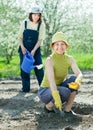 Women sows seeds at field Royalty Free Stock Photo