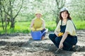 Women sows seeds in soil Royalty Free Stock Photo