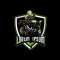 Women on sport motorbikes cartoon character vector badge logo template