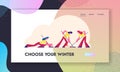 Women Sports Team Playing Curling Game Website Landing Page. Girls Sweeping Ice with Special Brushes