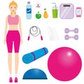 Women in sportswear kit. Female in fitness clothes. Smiling girl and sport icons. Fitball, dumbbells, jump rope and other gym hall