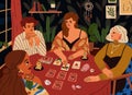 Women spreading tarot cards at table. Fortune teller reading and telling future. Soothsayer forecasting destiny, fate Royalty Free Stock Photo