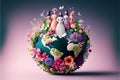 Women stand on the globe in flowers, International Women\'s Day, March 8. Generative AI
