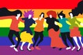 Illustration of dancing people in front of the Rainbow flag Royalty Free Stock Photo