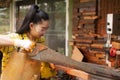 Women standing is craft working cut wood at a work bench with circular saws power tools at carpenter machine Royalty Free Stock Photo