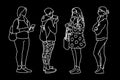 Women standing in different poses. Sketch. Vector illustration of various girls with phone, bag, backpack. White lines