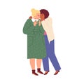 Women standing gossipping, telling, girlfriends talking, whisper secrets in ear listening to rumors vector illustration