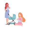 Women standing with a newborn baby in pram Royalty Free Stock Photo