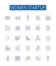 Women startup line icons signs set. Design collection of Female, Entrepreneur, Venture, Company, Business, Innovate