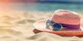 Women straw hat and sunglasses on the sand. Beach vacation concept background. Created with generative Ai