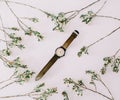 Women stylish wrist watch framed by   branches and leaves on white background. Female fashion accessories. Flat lay, top view. Royalty Free Stock Photo