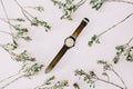 Women stylish wrist watch framed by   branches and leaves on white background. Female fashion accessories. Flat lay, top view. Royalty Free Stock Photo