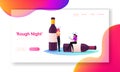 Women Substance Abuse Landing Page Template. Female Characters Hangover Syndrome Sit on Empty Alcohol Bottle after Party