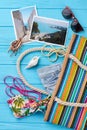 Women summer bag, beach items. Royalty Free Stock Photo