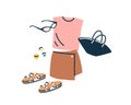 Women summer clothes and accessories. Female holiday outfit with sunglasses, mini skirt, bag, jewelry. Modern summertime
