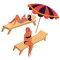 Women sunbathing on recliners or deck chairs under umbrella Royalty Free Stock Photo